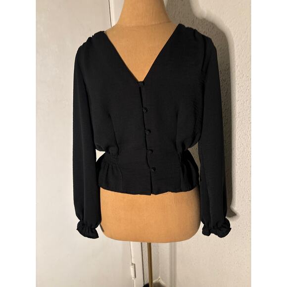 Topshop Black V-Neck Buttondown Smocked Peplum Top 2 Peasant Boho Classic Casual - Picture 1 of 12